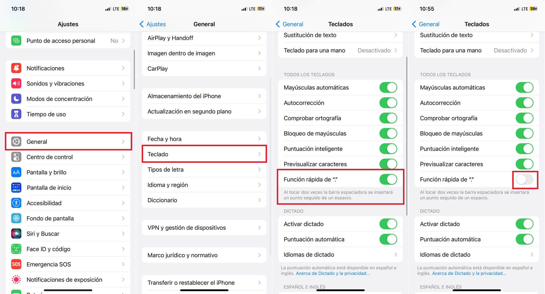 como activar o desactivar el punto y seguido al pulsar dos veces la barra espaciadora de tu iPhone