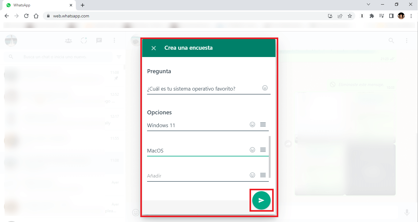 whatsapp permite enviar encuestas a los chats
