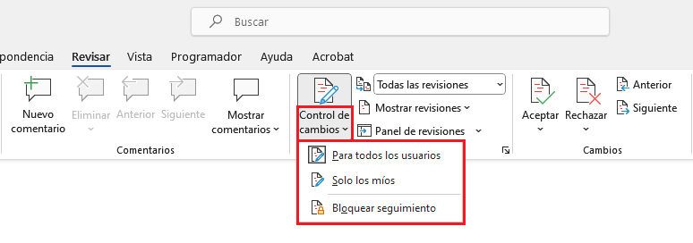 Seguimiento de cambios en un documento de word